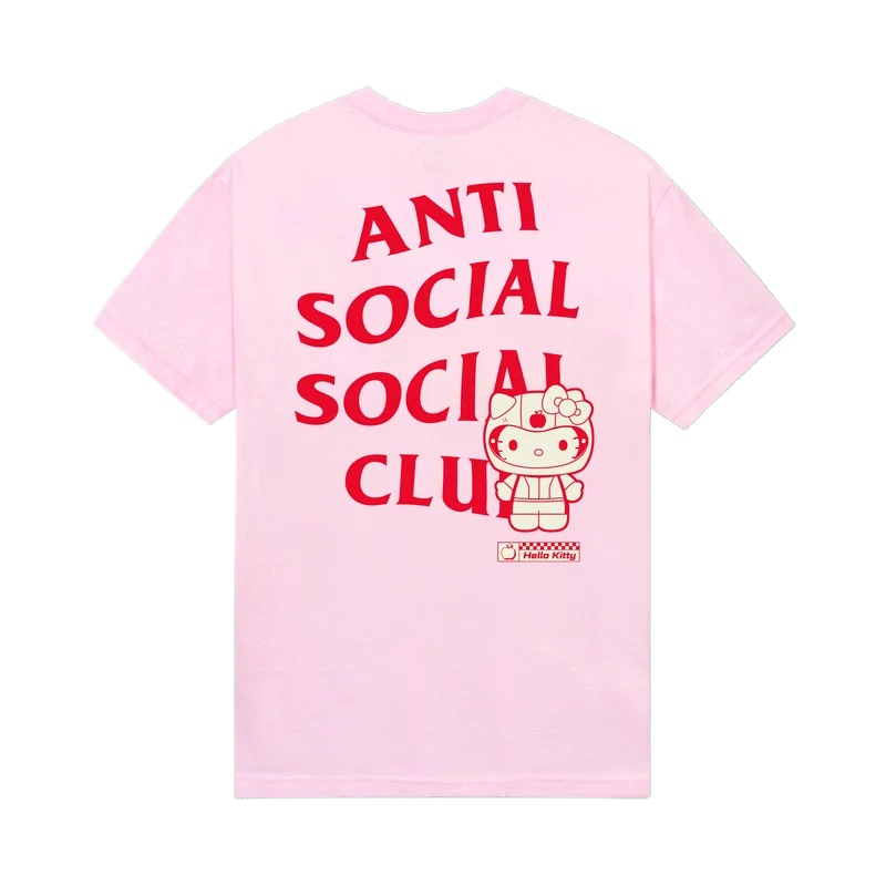 Streetwear Brand Red - เสื้อยืดสตรีทแวร์แบรนด์หรู Hello Kitty สีชมพู แขนสั้น ลายกราฟิกสีแดงด้านหน้าและด้านหลัง